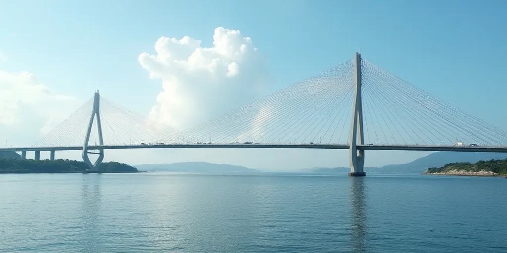 a bridge that is going over a body of water with a sky background and clouds in the background,, Alm