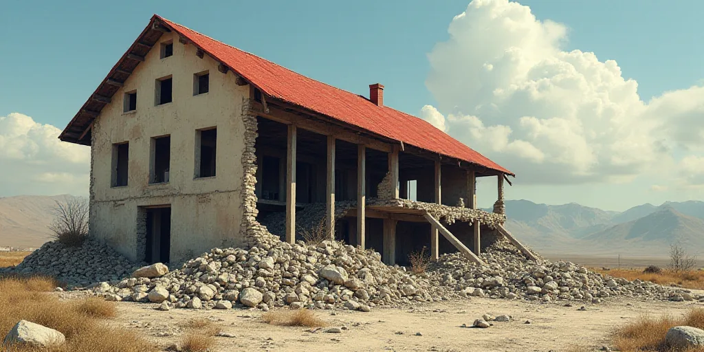 a building that has been destroyed and is next to a pile of rubble and debris with a red roof, Edi R
