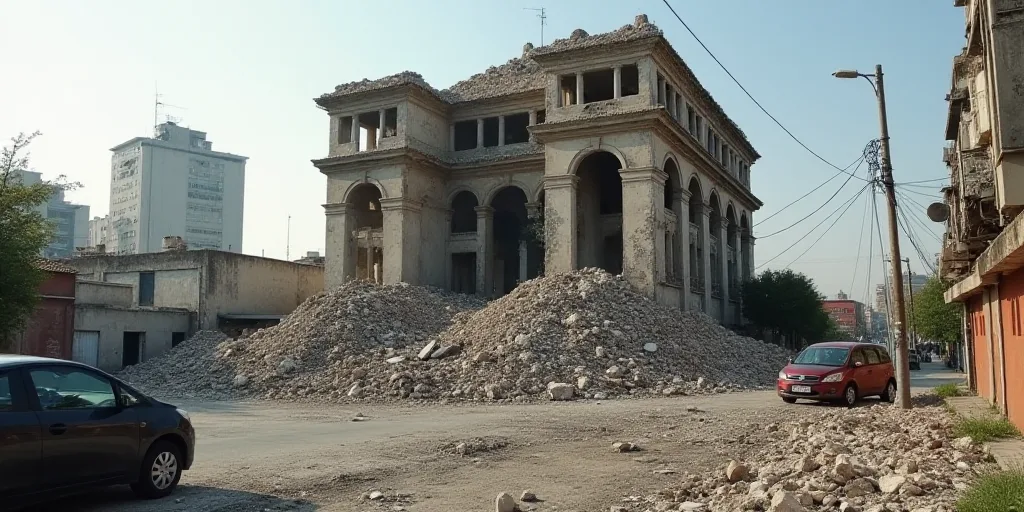 a building that has been destroyed and is surrounded by rubble and debris and cars parked in the str