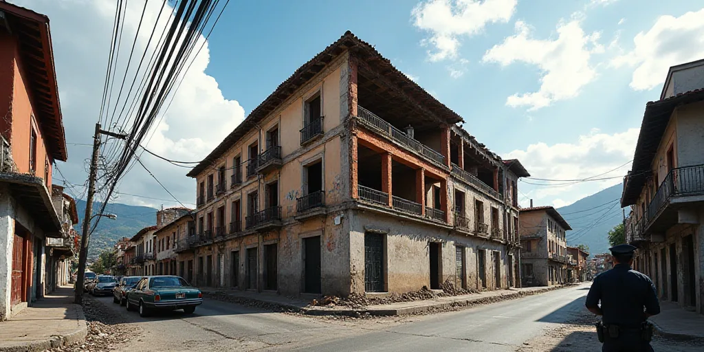 a building that has been torn down and is being worked on by a police officer in a city street, Estu