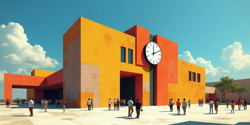 a building with a clock on the side of it and people walking around it on a sunny day with blue skie