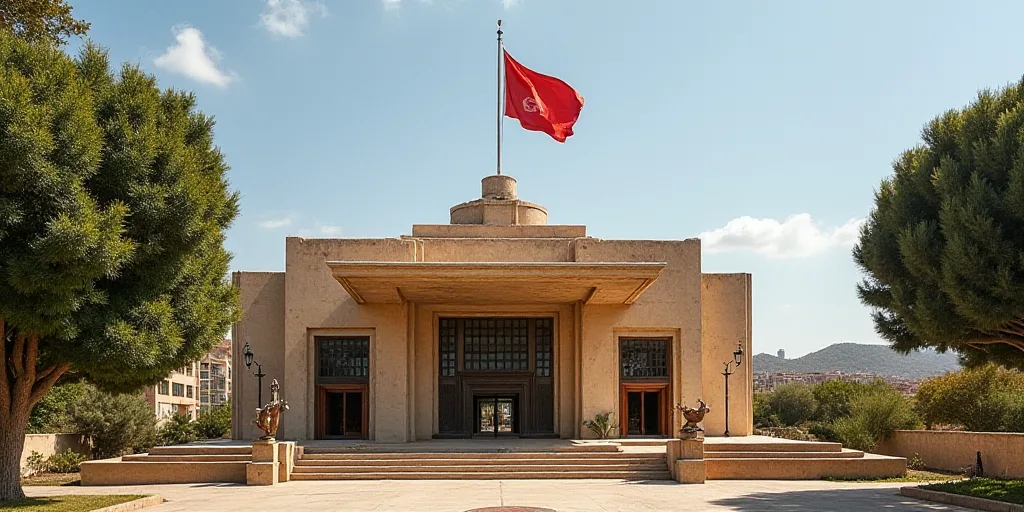 a building with a flag flying from the top of it's roof and trees in front of it, David Alfaro Sique