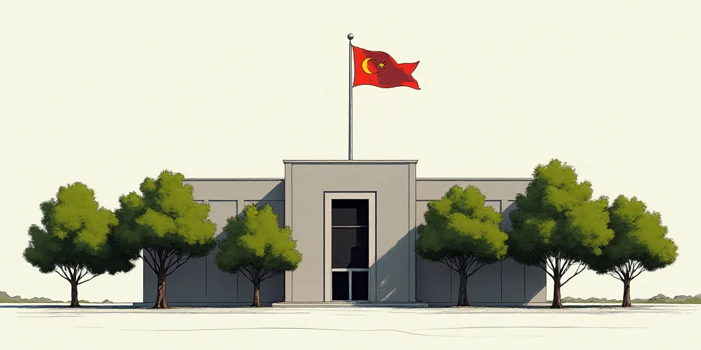 a building with a flag on top of it and trees in front of it and a flagpole on top of it, Carlos Tri