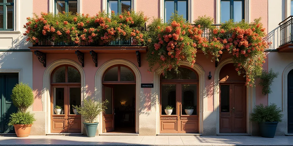 a building with a lot of flowers on the outside of it and a balcony with a sign that says souvenirs,