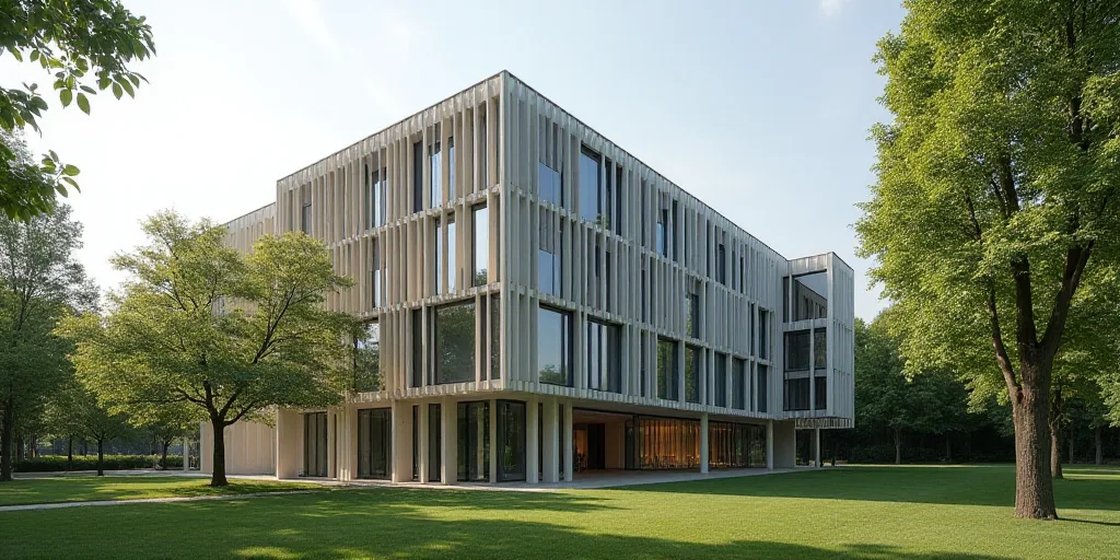 a building with a lot of windows and a lot of trees in front of it and a sky background, David Chipp