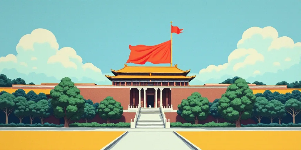 a building with a red flag on top of it and trees in front of it and a blue sky, Cui Bai, symmetric