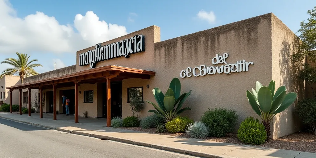 a building with a sign and a plant in front of it that says megafarmmacia del bienstatir, Agustín F