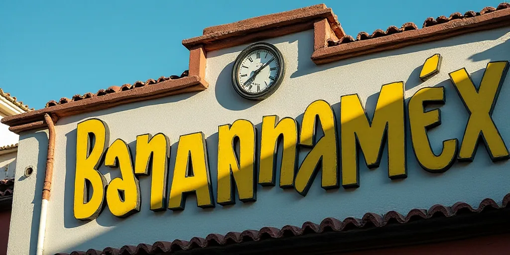 a building with a sign on the side of it that says bananamex on it and a clock on the side of the bu