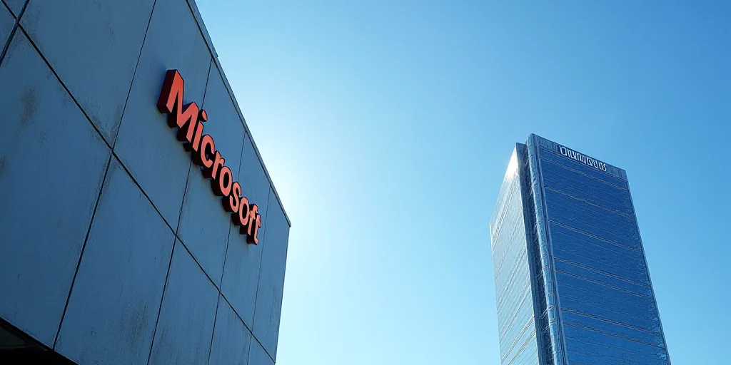 a building with a sign that says microsoft on it's side and a skyscraper in the background with a bl