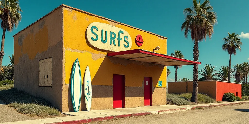 a building with a sign that says surfs and surfboards on it's side and trees in the background, Davi
