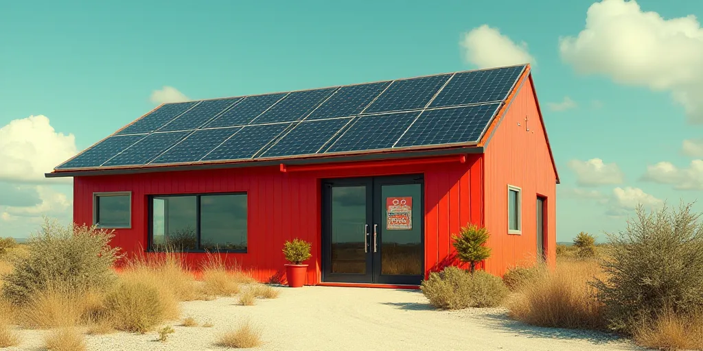 a building with a solar panel roof and a red door with a sign on it that says go solar, Dahlov Ipcar