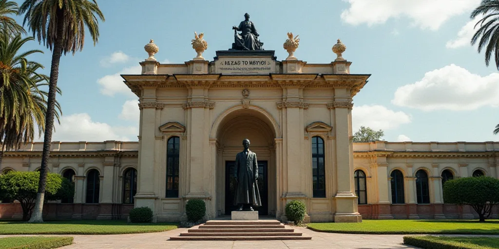 a building with a statue of a man on the front of it and a sign that says bano of mexico, Carlos Fra