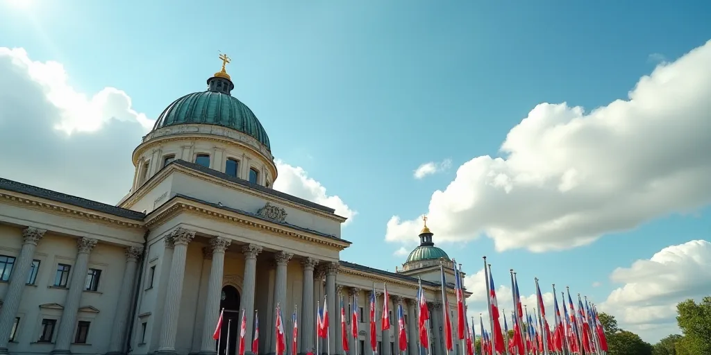 a building with flags flying in front of it and a sky background with clouds in the background and a