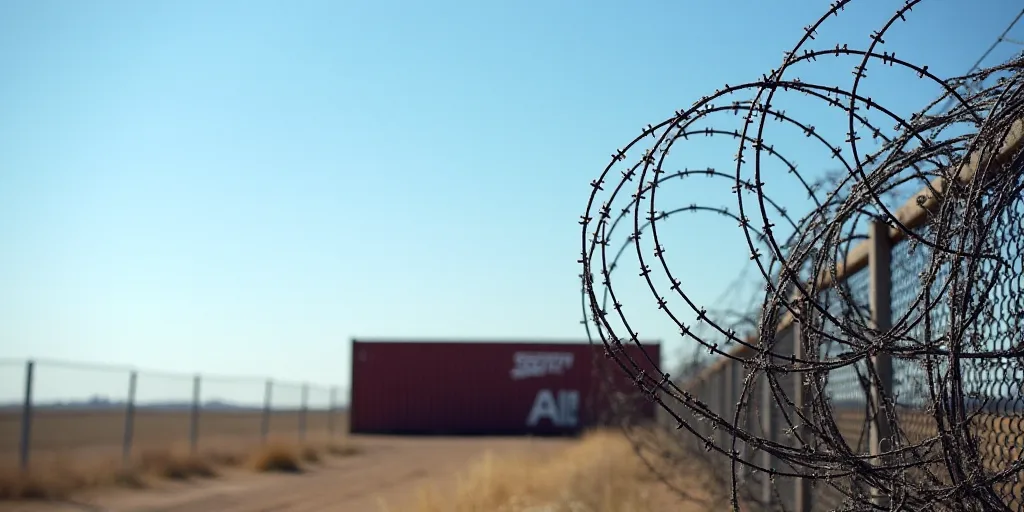 a bunch of barbed wire with a container in the background on a sunny day with a blue sky in the back