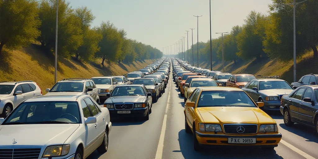 a bunch of cars that are sitting in the street together in traffic jams on a highway with trees and