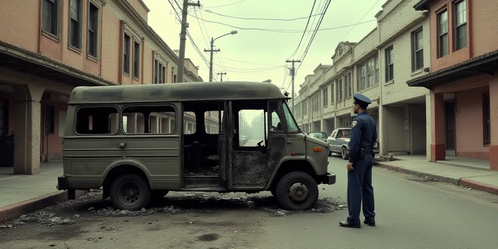 a burnt out van in a street with a police officer standing next to it and a man standing next to it,