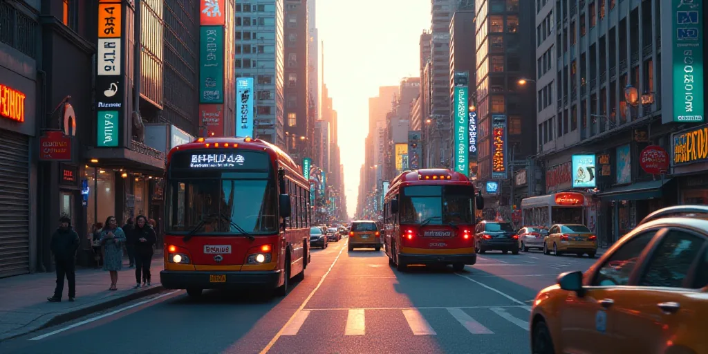 a busy street filled with lots of traffic and a person walking on the sidewalk near a bus and a bus,