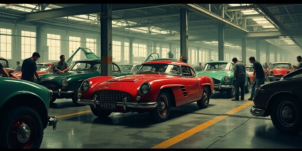 a car being assembled in a factory with workers working on it's hoods and cars on the assembly line,