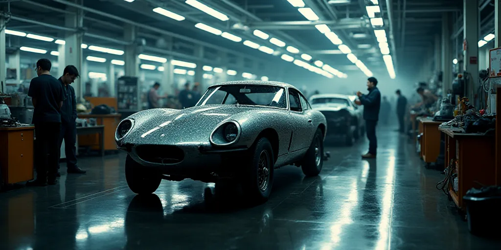 a car being worked on in a factory with workers working on the car hoods and the car being assembled