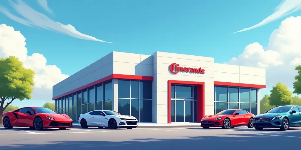 a car dealership with cars parked in front of it and a sky background with clouds in the sky, Carlos