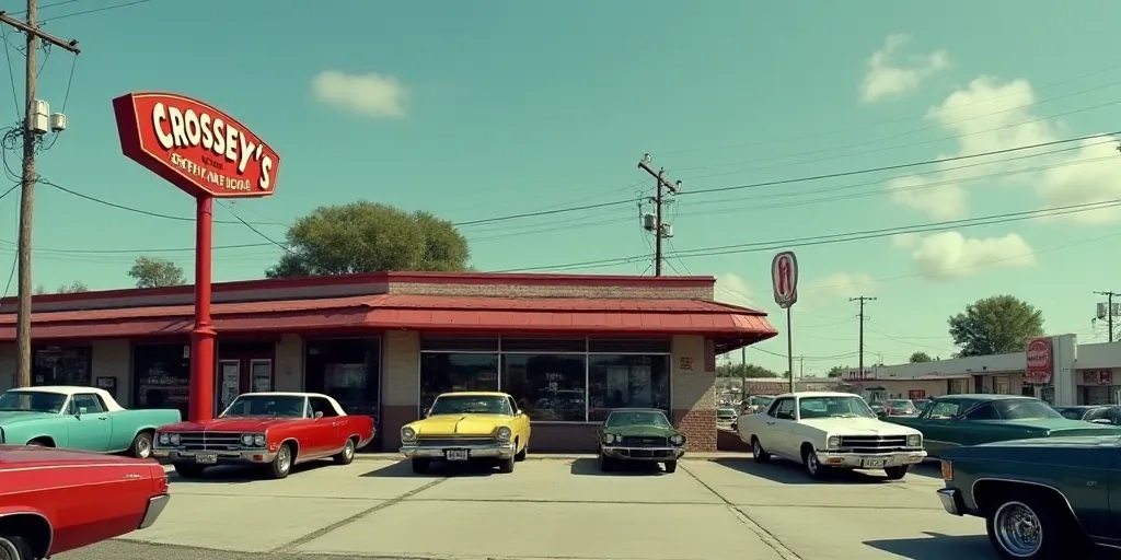 a car dealership with several cars parked in the lot and a sign that says, crossey's, Eddie Mendoza,