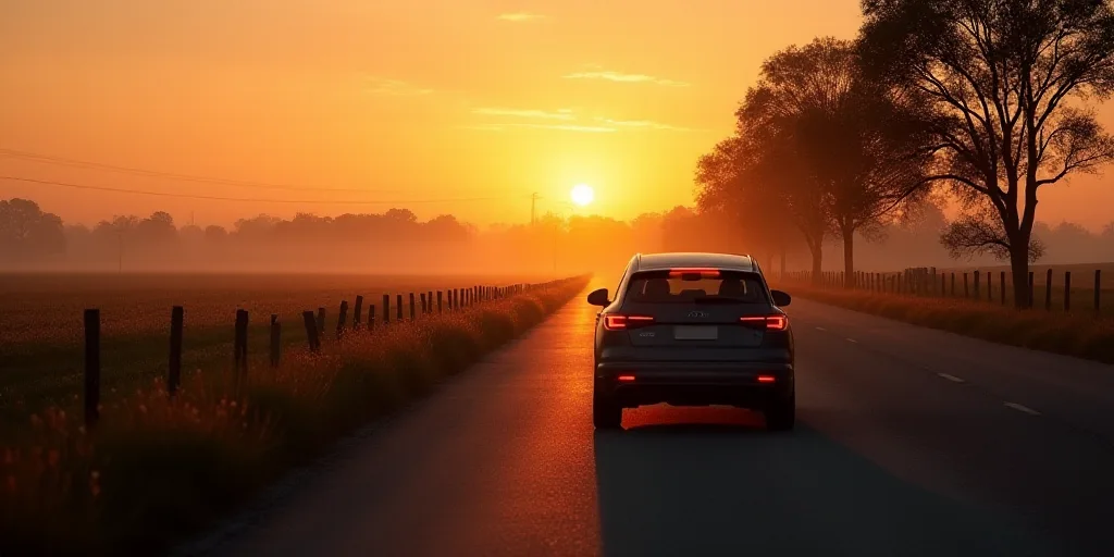 a car driving down a road next to a fence and a field with trees and bushes at sunset or sunrise, Aq