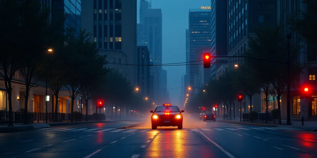 a car driving down a street next to tall buildings at night time with traffic lights on and a traffi