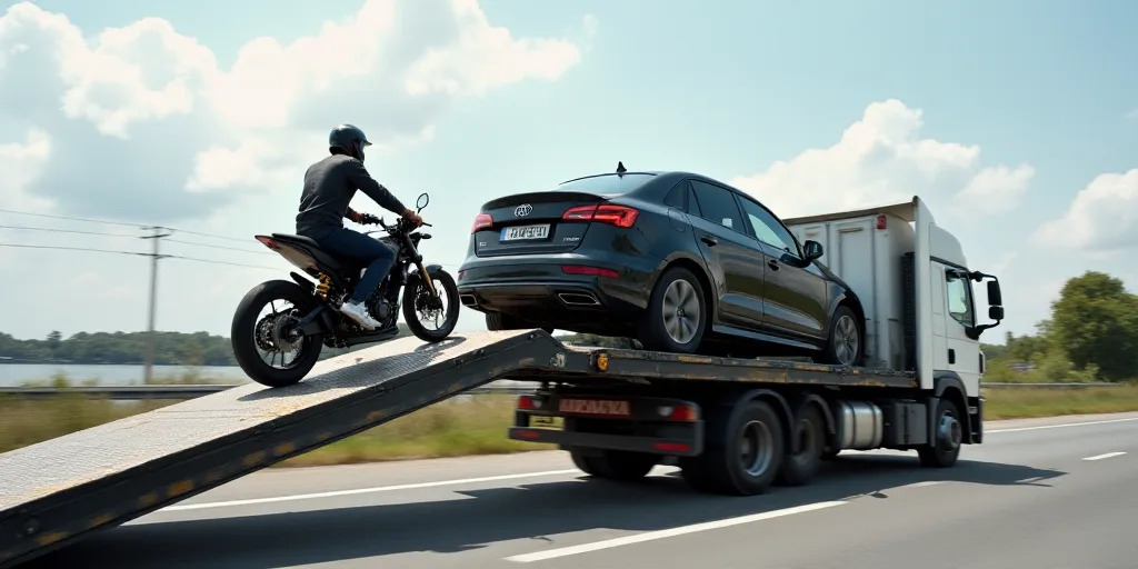 a car is being loaded onto a truck by a man on a motorcycle on a ramp with a ramp attached to it, Aq
