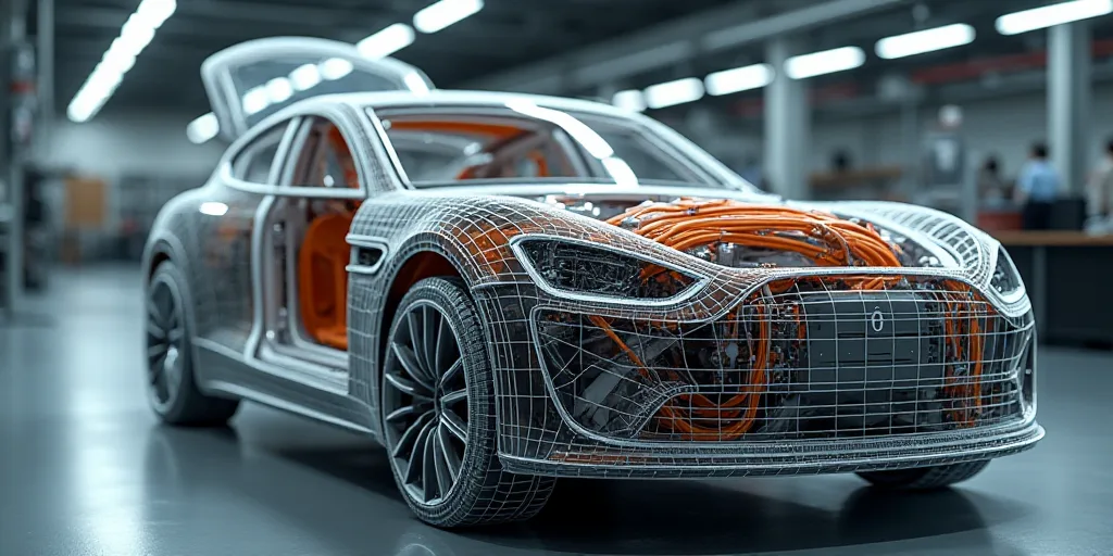 a car is shown with its hood open in a factory with orange hoses and wires running through it, Andri
