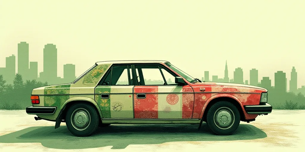 a car made out of mexican currency with a city in the background and a green and white background wi