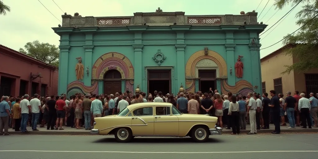 a car parked in front of a crowd of people in front of a building with a mural on the side of it, Ca