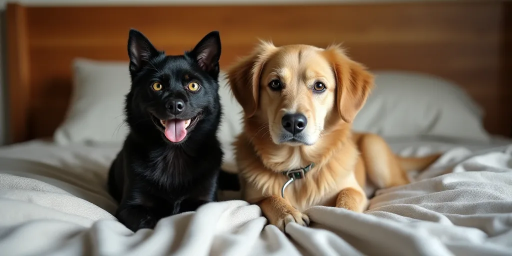 a cat and dog sitting on a bed together with pillows and blankets on the bed and a wooden headboard,