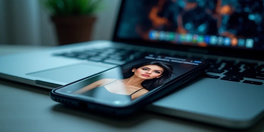 a cell phone with a picture of a woman on the keyboard of a laptop computer with a keyboard in the b