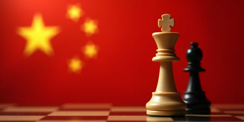 a chess piece next to a flag of china and the united states of china, with a flag of china in the ba