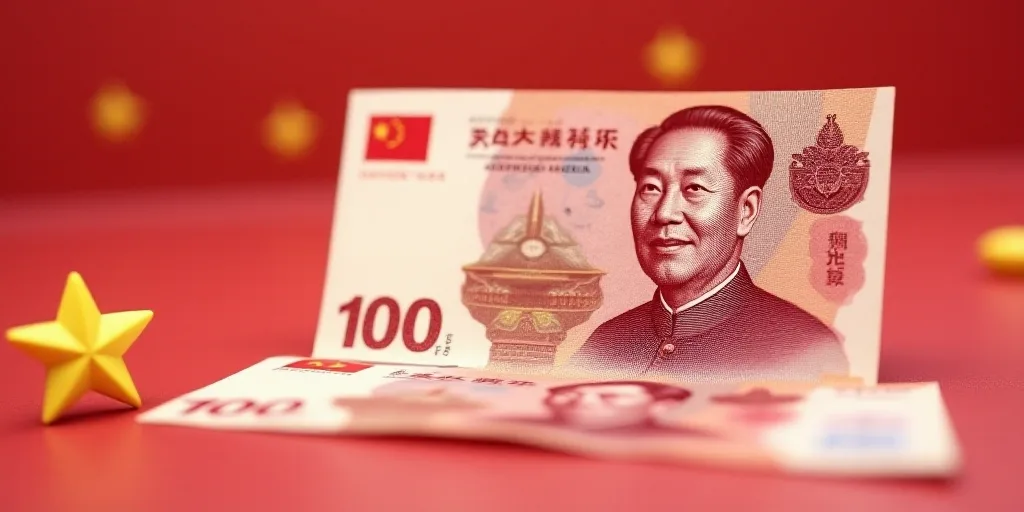 a chinese 100 dollar bill with a red background and a yellow star in the foreground of the image, Cu