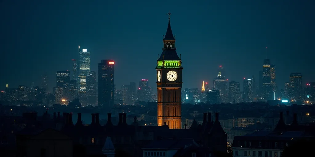 a city at night with a lit up clock tower and a lot of buildings in the background with lights on, A