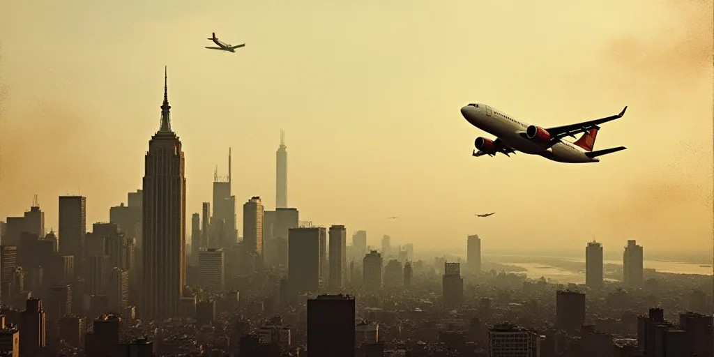 a city skyline with a hazy sky in the background and a plane flying in the air in the foreground, Da