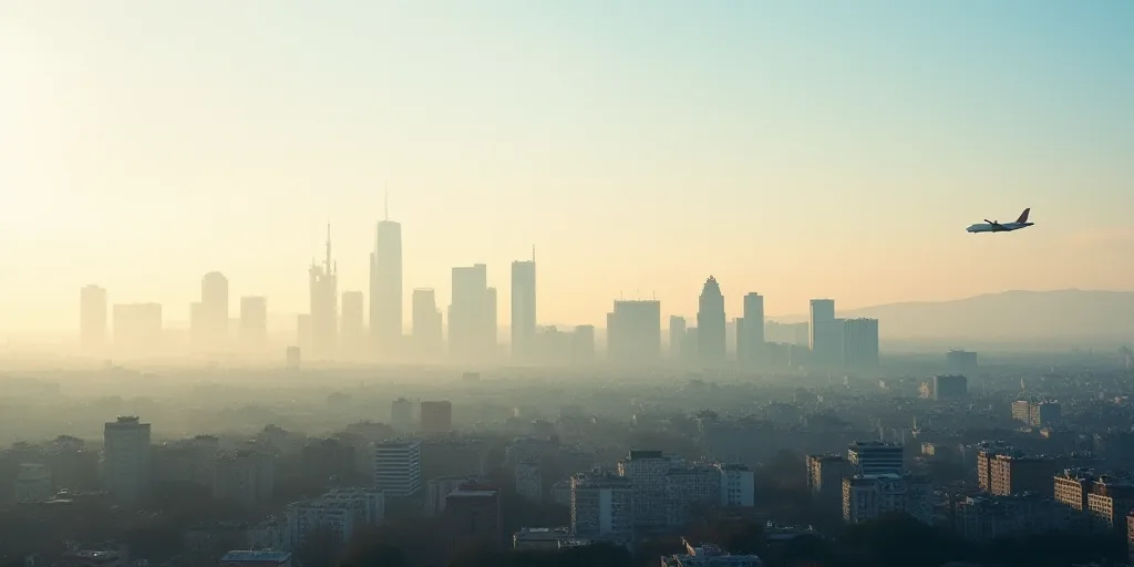 a city skyline with a plane flying in the sky and a hazy sky in the background with buildings in the