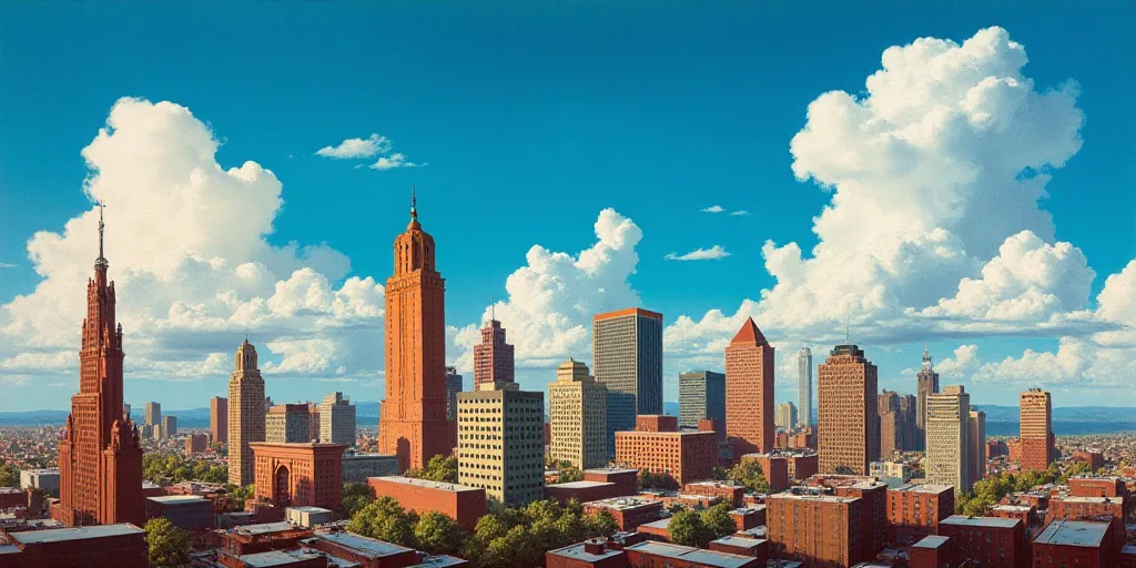a city skyline with tall buildings and a blue sky in the background with clouds in the sky and a few