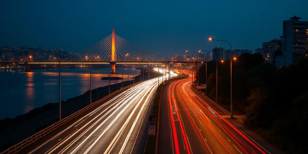 a city street at night with a lot of traffic on it and a bridge in the background with lights on, Ed