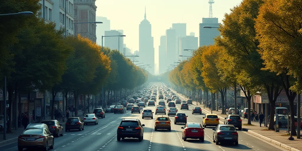 a city street filled with lots of traffic next to tall buildings and trees in the distance with a sk