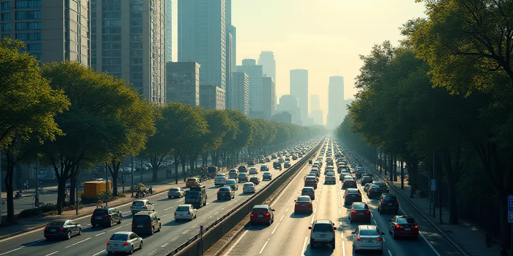 a city street filled with lots of traffic next to tall buildings and trees in the distance with a sk