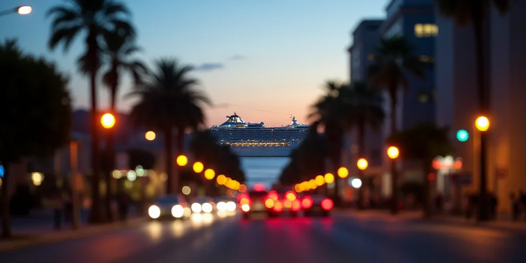 a city street with a cruise ship in the background at dusk time with traffic lights and palm trees o