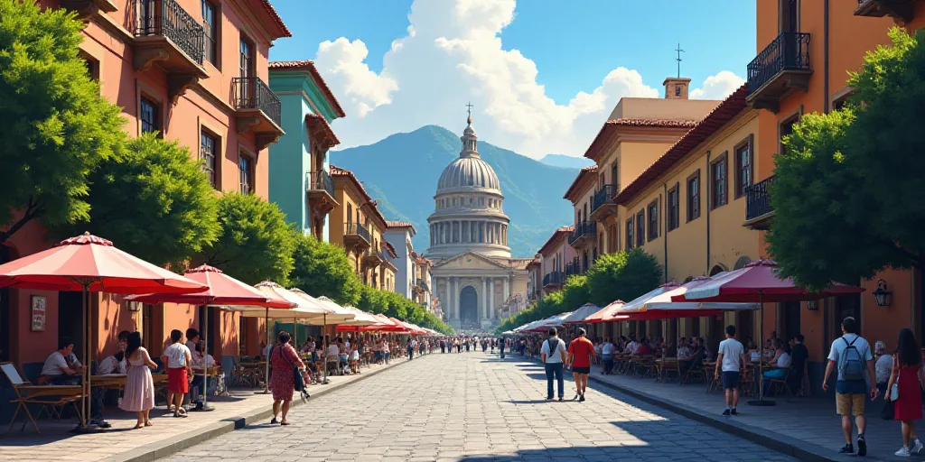 a city street with a lot of buildings and people walking around it with umbrellas on the sidewalk an