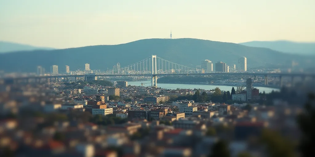a city with a bridge and a lot of buildings in the background and a hill in the distance with a city