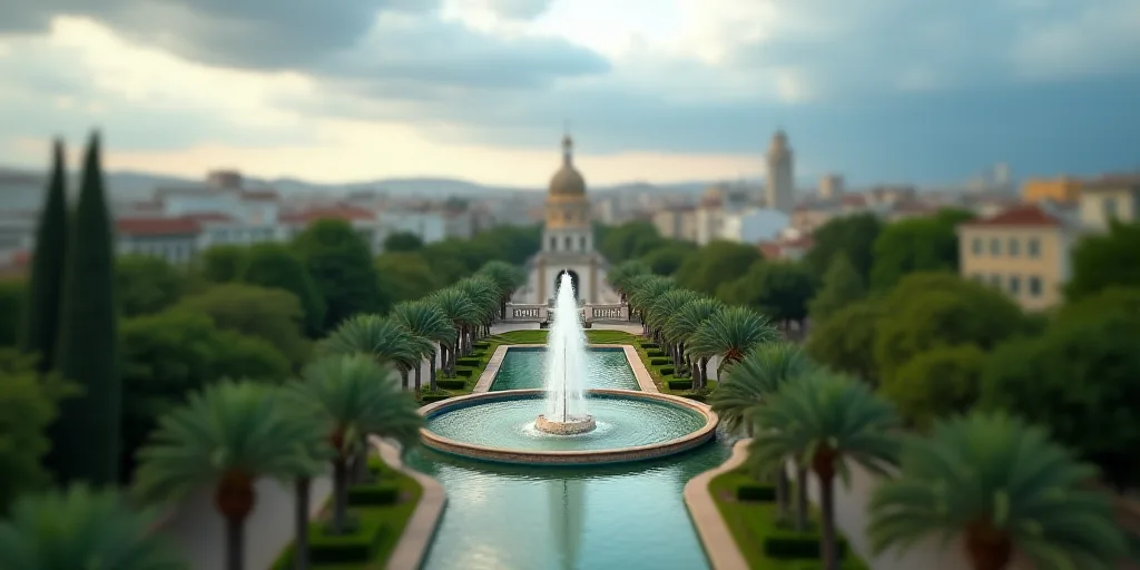 a city with a fountain surrounded by palm trees and buildings in the background with a cloudy sky in