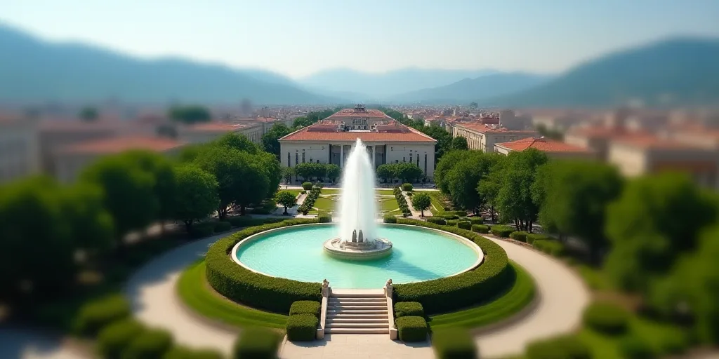 a city with a fountain surrounded by trees and bushes in the middle of it with mountains in the back