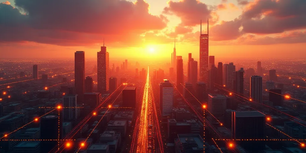 a city with a lot of connected lines and dots over it with a sunset in the background and a cityscap