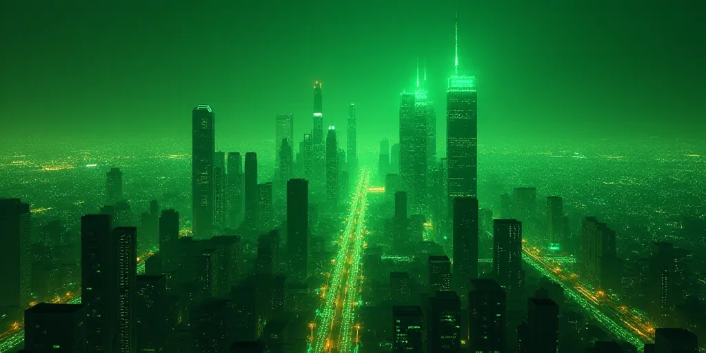 a city with a lot of lights and buildings in it and a green background with a lot of lights, Andries