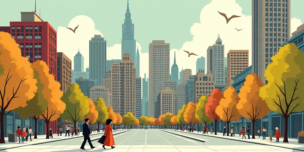 a city with a lot of tall buildings and people walking around it, and a man and woman walking on the